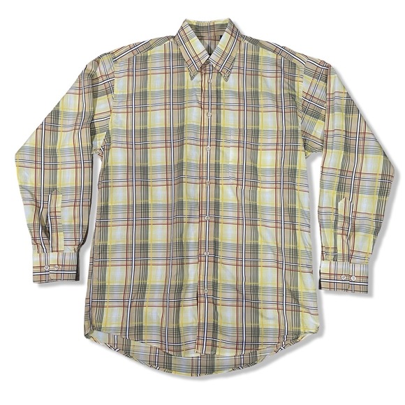 Burberry London Button Down Shirt Mens Medium Cotton Nova Check Yellow Beige VTG